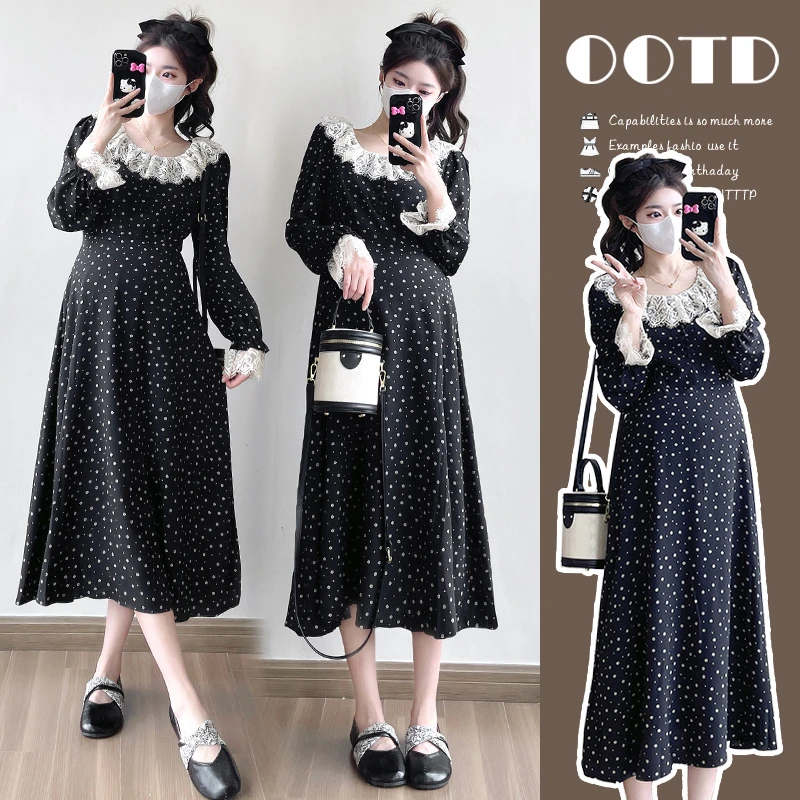 2025新款孕妇装春装连衣裙时尚花边领大码波点显瘦气质裙子孕后期