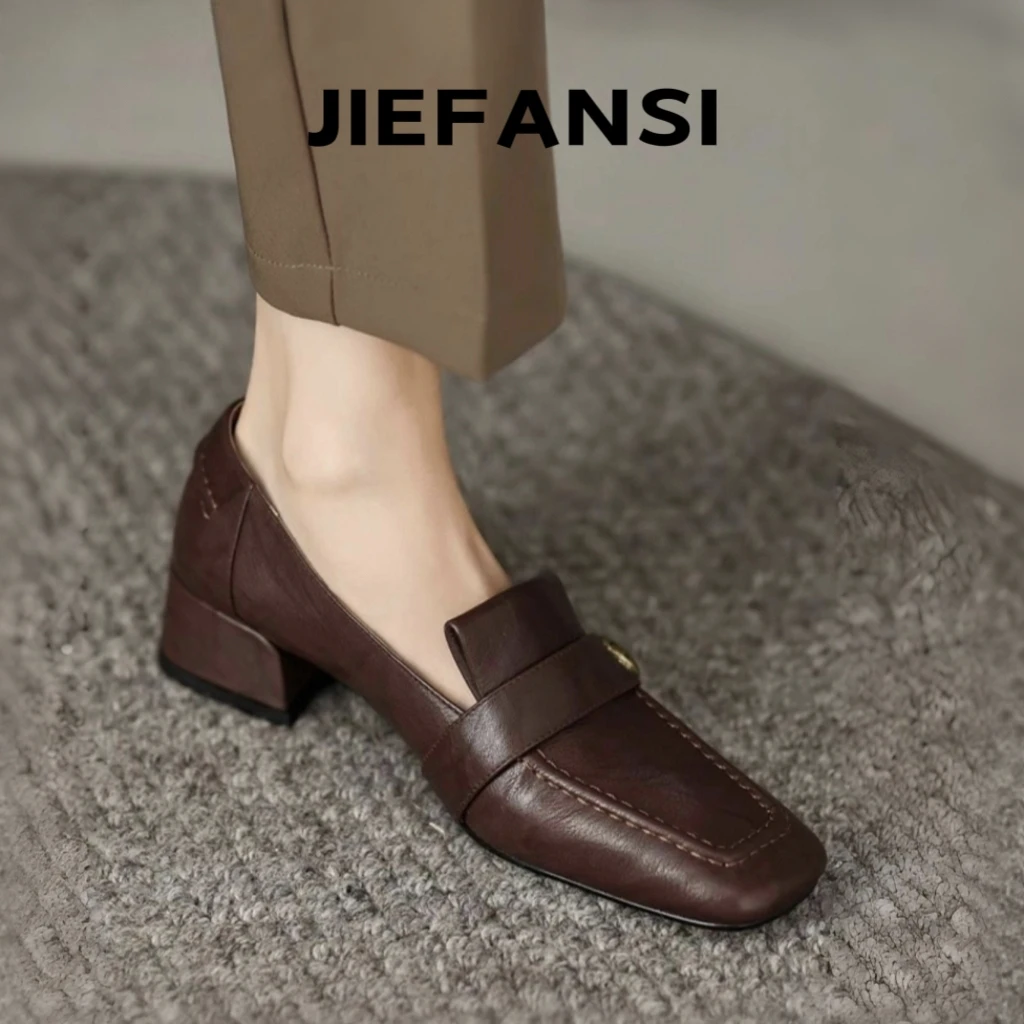 英伦风小皮鞋女棕色2025年春秋新款方头粗跟单鞋女真皮中跟乐福鞋