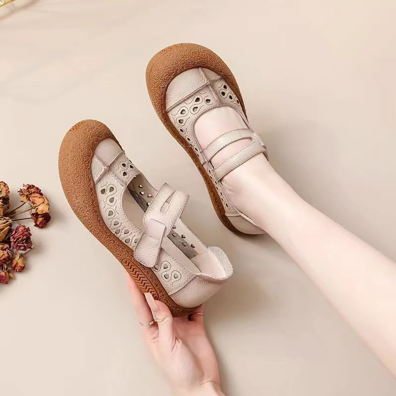 原创复古手工女鞋真皮民族风厚底妈妈包头凉鞋牛皮镂空洞洞款皮鞋