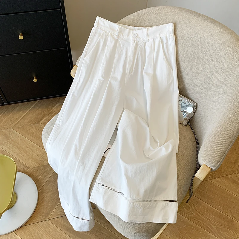 实拍韩系时尚气质百搭镂空西装阔腿裤女夏季薄款九分直筒休闲裤