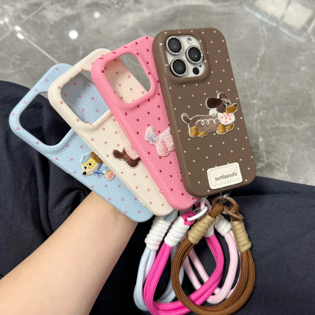 仿皮革刺绣标签适用苹果16Promax手机壳15华为荣耀OPPO斜挎挂绳