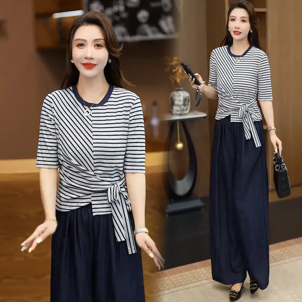时尚套装女2025夏季新款洋气显瘦圆领条纹系带短袖阔腿裤两件套潮