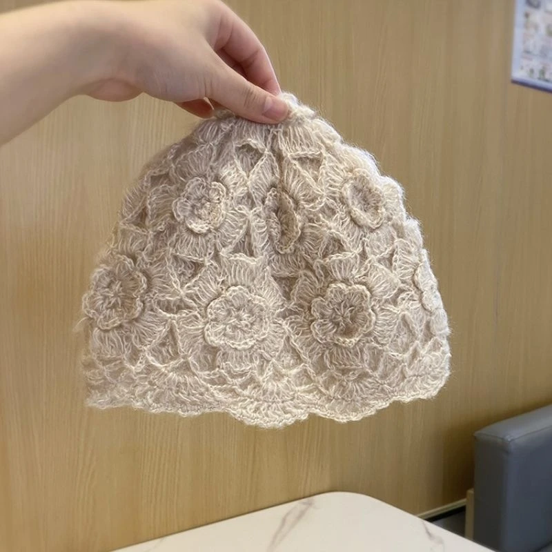 日系双层手工钩花套冷帽女秋冬韩版潮冬季骑车帽子控看帽子冬季