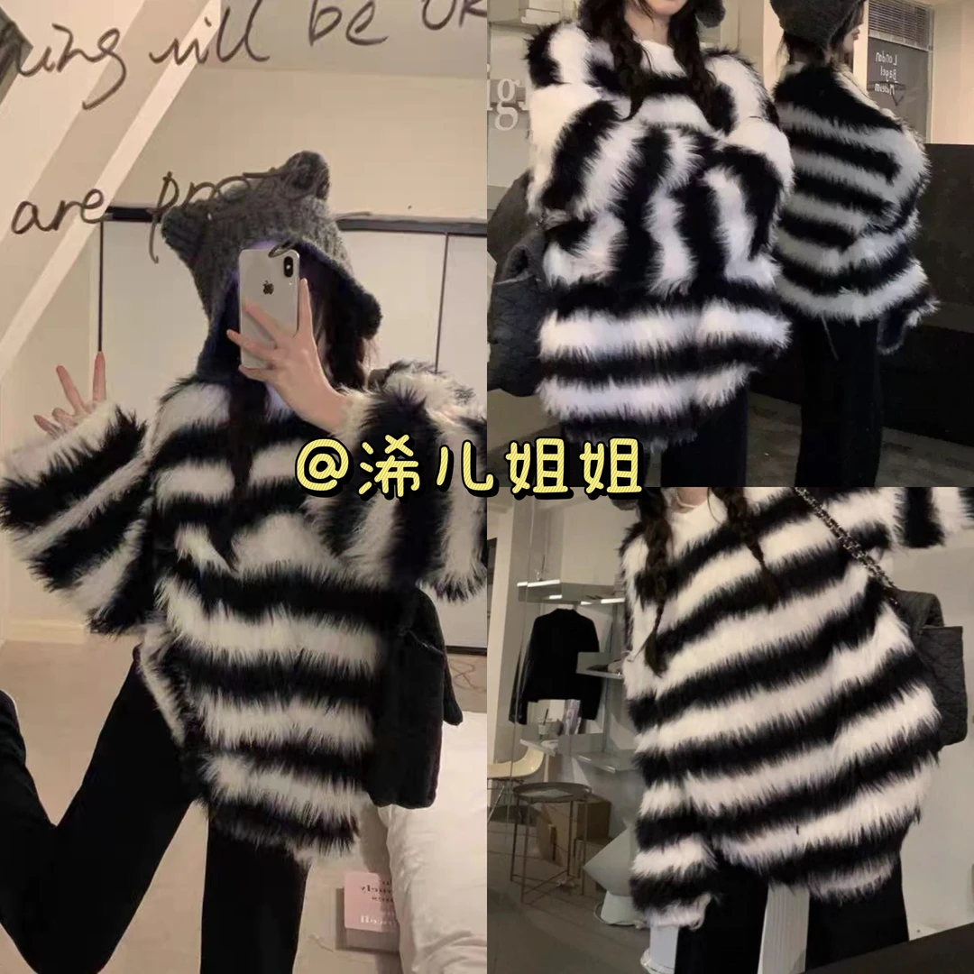 （浠儿姐姐）秋冬黑白条大版型纹长袖套头美式针织衫毛衣女秋冬上衣