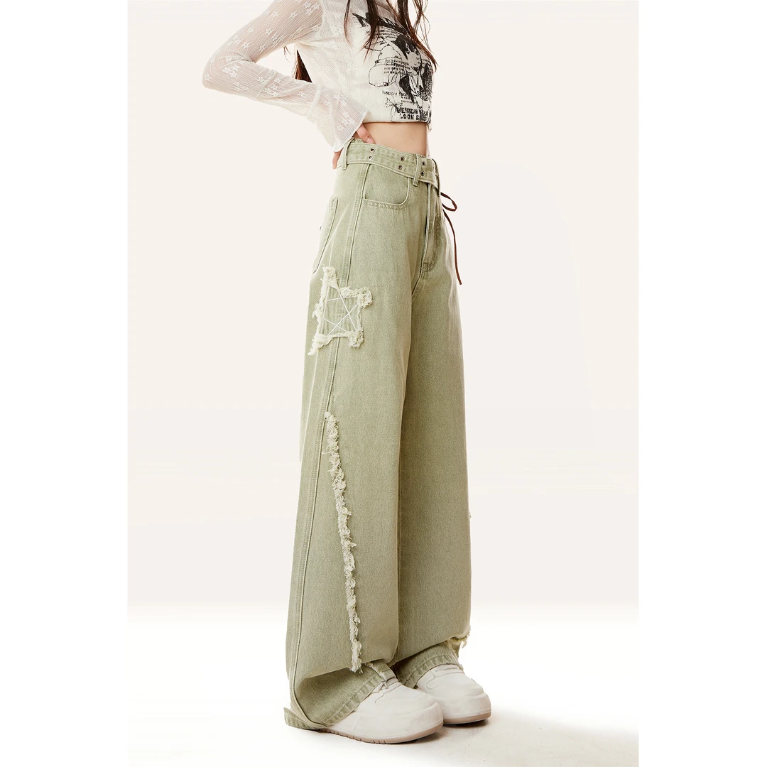 自然涩复古星星毛边牛仔裤女2025春季新款设计感高腰宽松拖地裤子