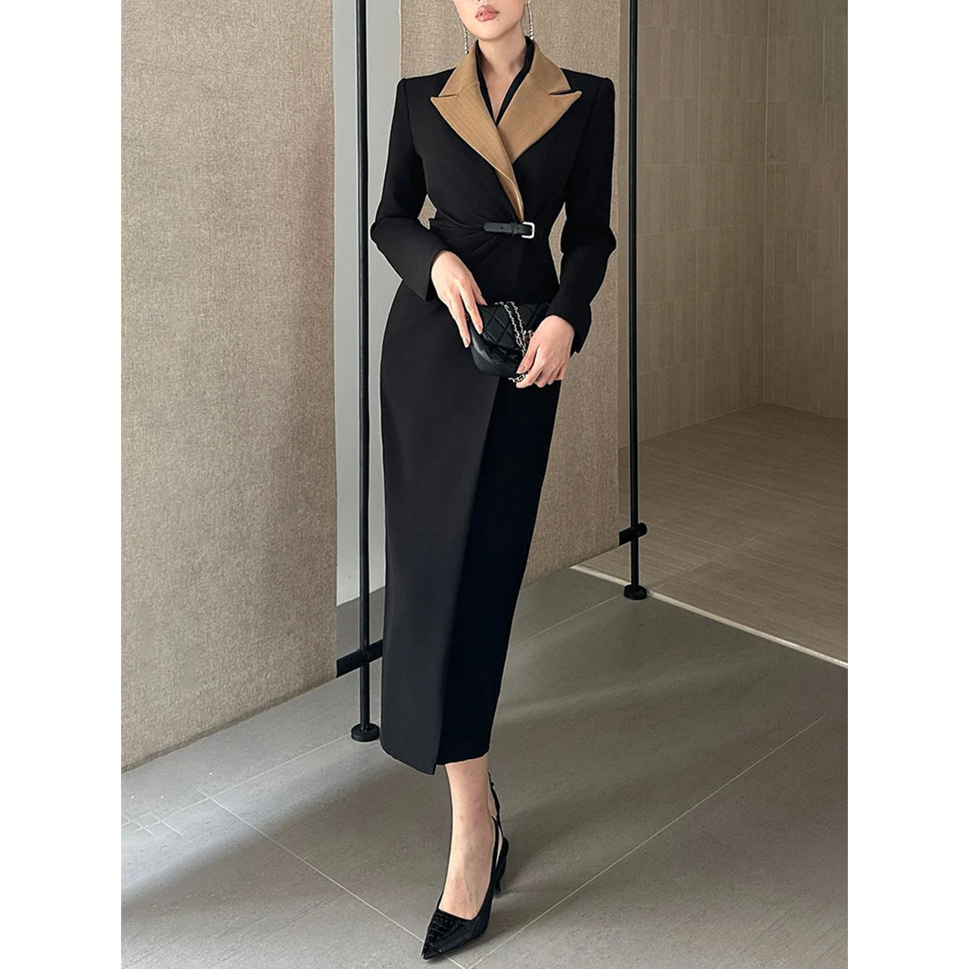 2025优雅通勤西装裙早秋新款气质翻领撞色腰带收腰修身显瘦连衣裙