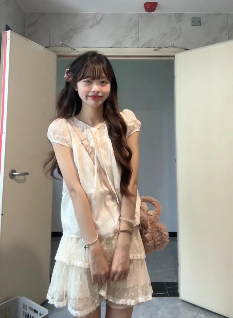 甜圈圈【雨后日记】蕾丝细带上衣韩系百搭衬衫透视波点蕾丝半身裙