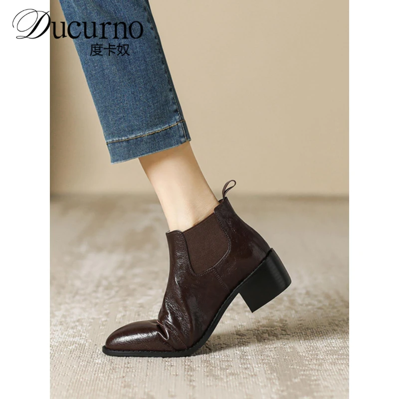 手抓羊皮~英伦风马丁靴女秋冬加绒真皮女靴粗跟切尔西靴爆款短靴