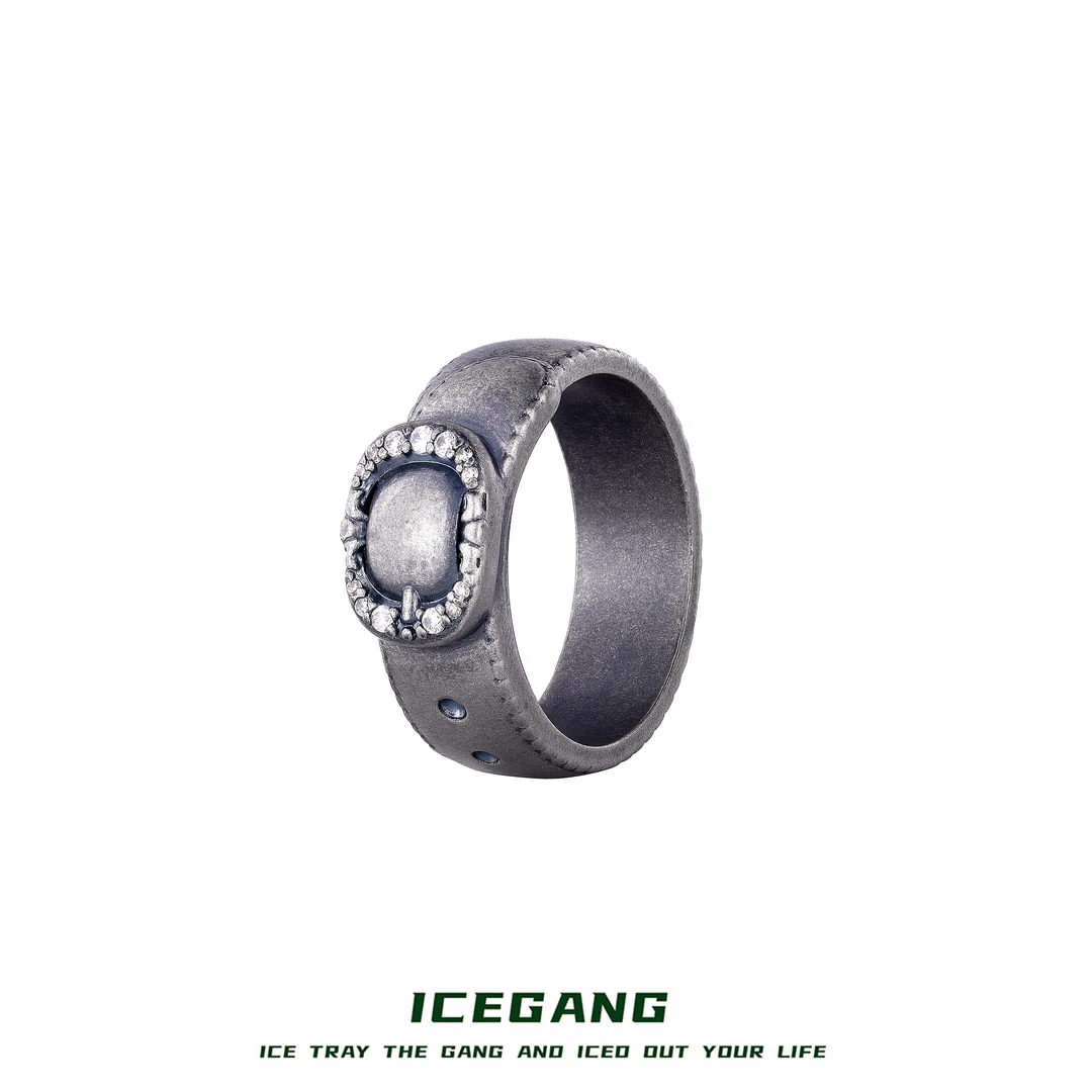 ICEGANG 铜合金莫桑石戒指 做旧莫桑石皮带戒指复古vintage老钱风