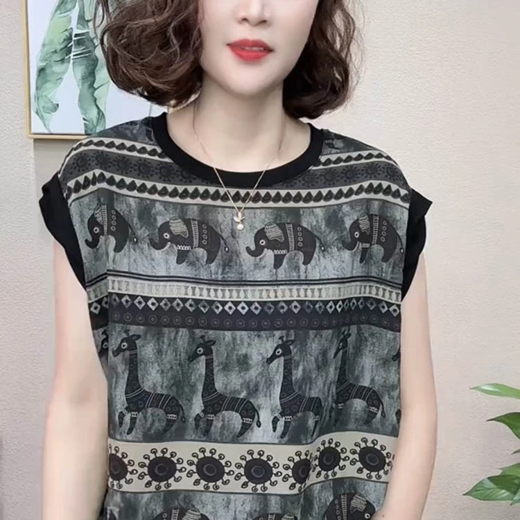 时尚圆领无袖背心T恤女2025夏季新款洋气印花显瘦宽松通勤上衣