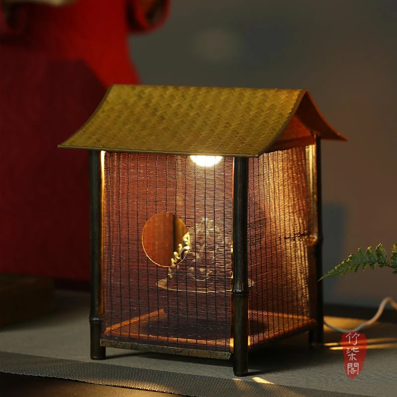 手工竹编紫竹灯屋中式台灯灯笼茶室禅意氛围灯茶台灯工艺品