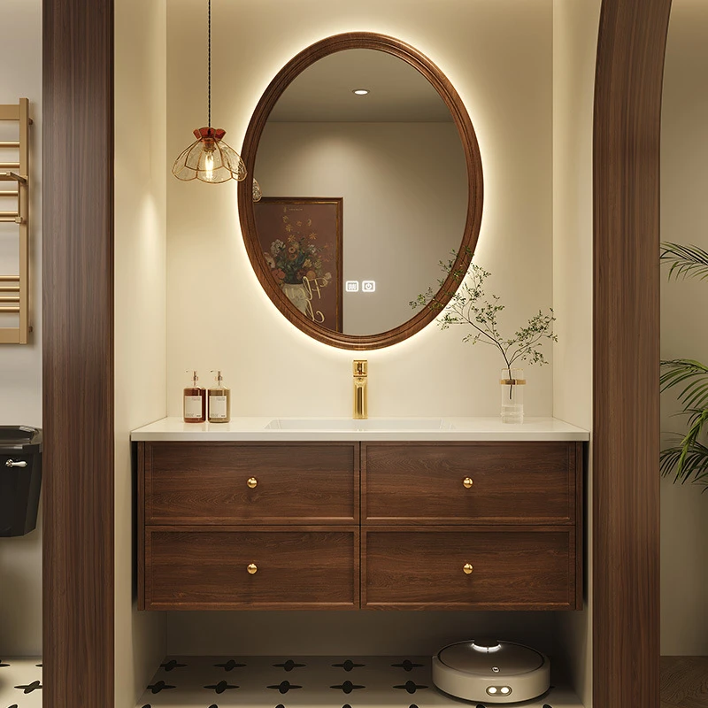 中古风实木浴室柜组合卫生间法式陶瓷一体盆洗漱台洗手台盆柜