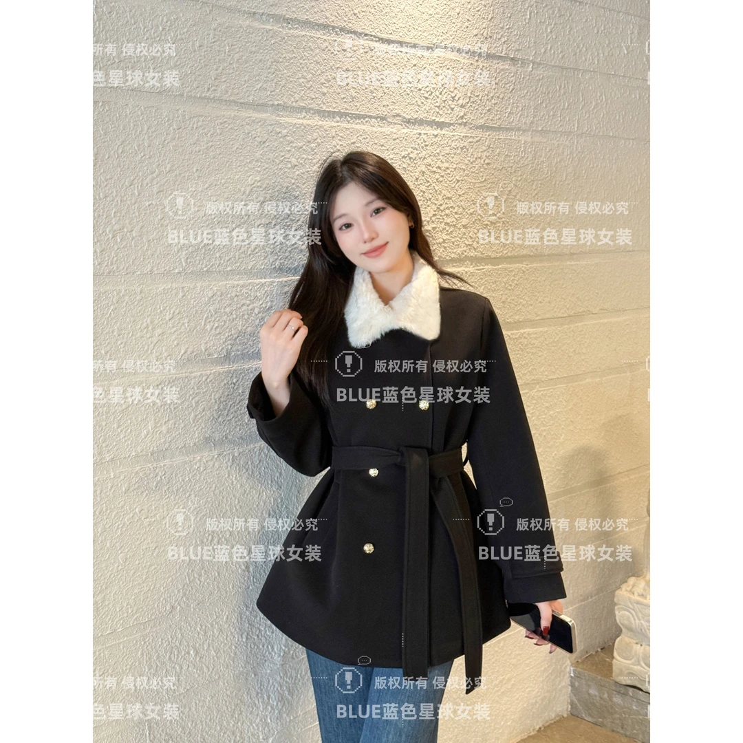 氛围感毛毛翻领双排扣收腰显瘦毛呢外套 深冬独特系带千金气质感