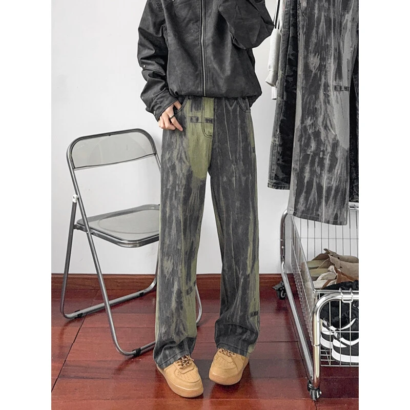 美式扎染水洗牛仔裤男款春秋痞帅高级感裤子窄版直筒微喇休闲长裤