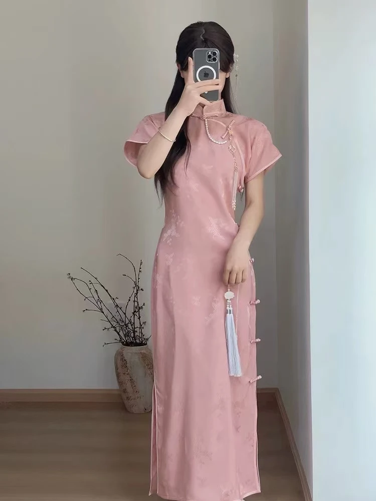 年轻款古法全开粉色『朱砂痣』绝美提花旗袍