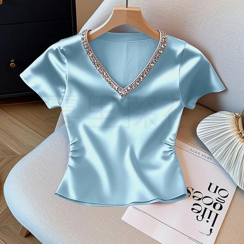 2025年新款《品质》重工镶钻V领t恤女夏季新款时方领正肩长袖t恤