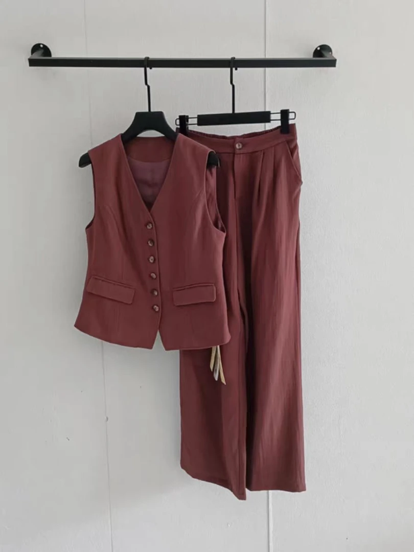 亚麻马甲套装无袖设计显瘦休闲气质干练轻奢两件套