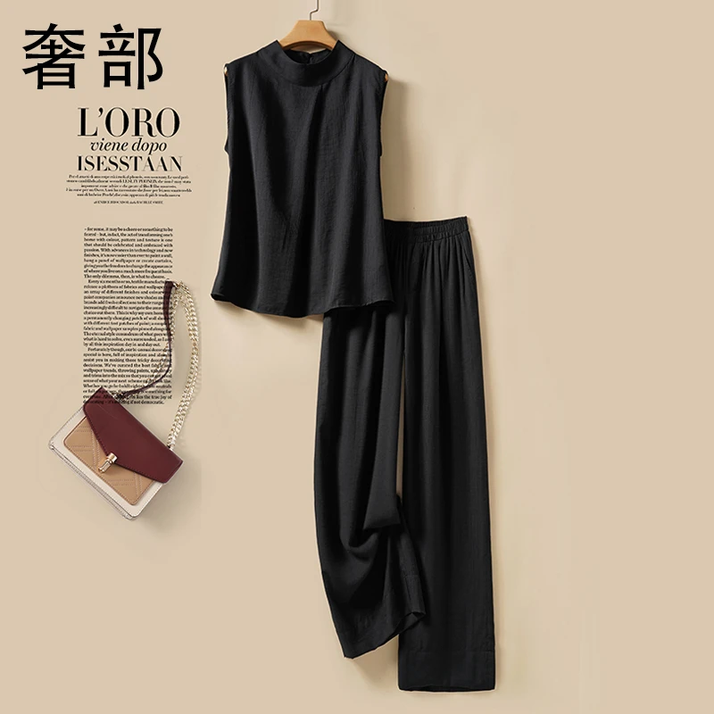 休闲时尚巨好看的夏装套装女亚麻无袖背心阔腿裤两件套减龄高级感