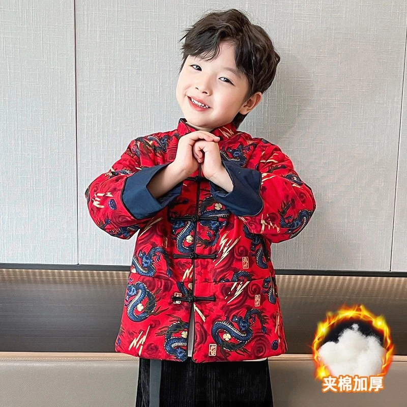 巴拉开门红男童拜年服外套冬季2026新款国风男孩汉女童中国风拜年