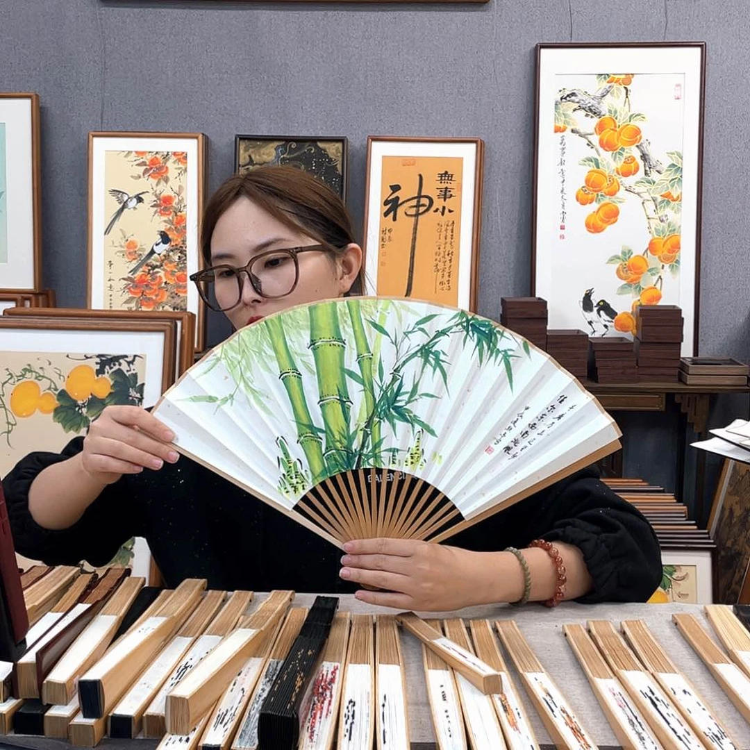 国画95寸玉竹-纯手绘-文玩扇骨（默认粘好）