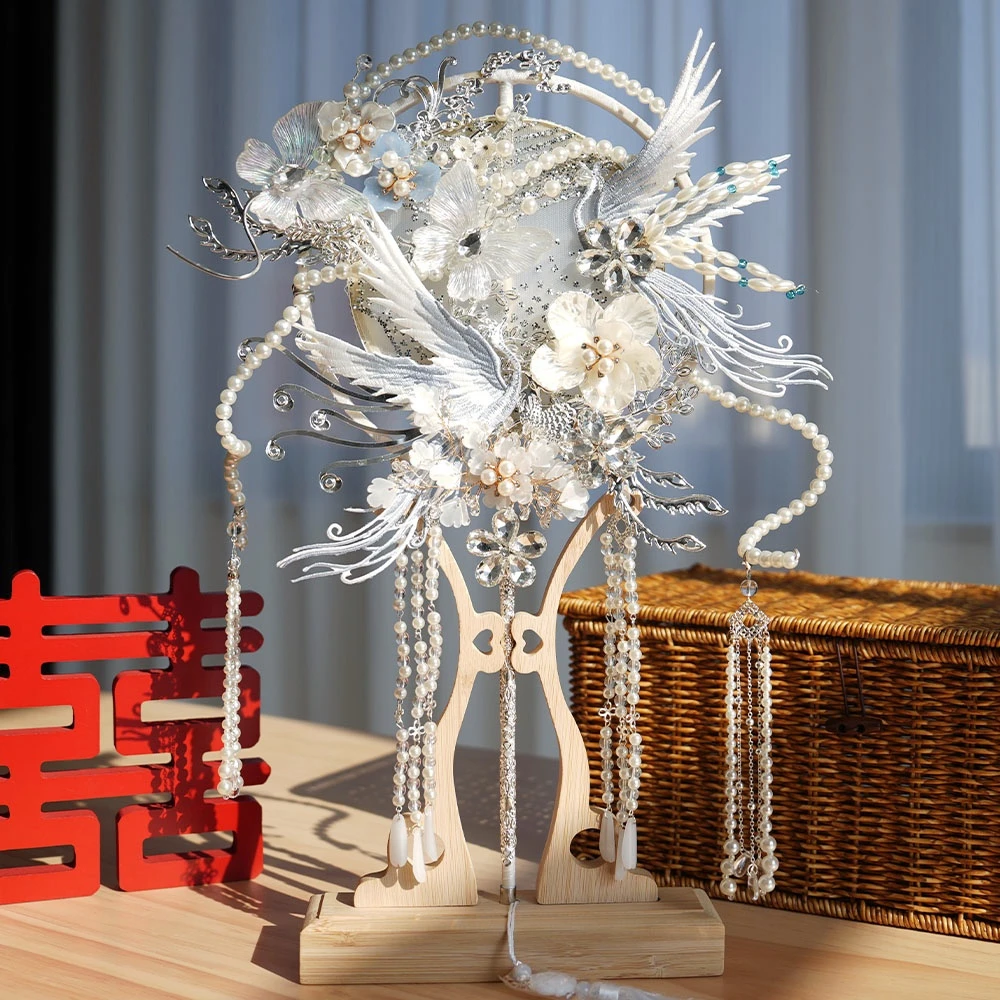 银蓝色新娘结婚团扇中式婚礼古风手工diy材料包成品双面秀禾喜扇