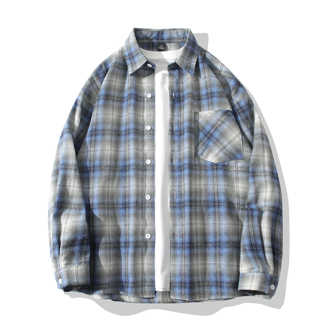 潮流蓝色格纹磨毛长袖衬衫美式复古春夏季情侣衬衣外套宽松百搭