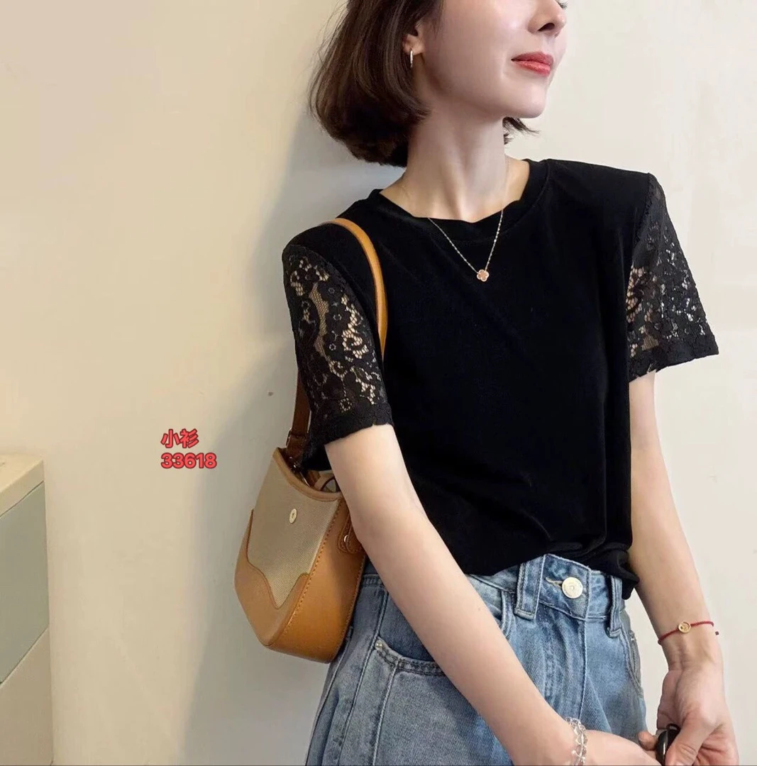 33618意凡法式圆领夏季水溶蕾丝纯色T恤夏装小众百搭洋气蕾丝