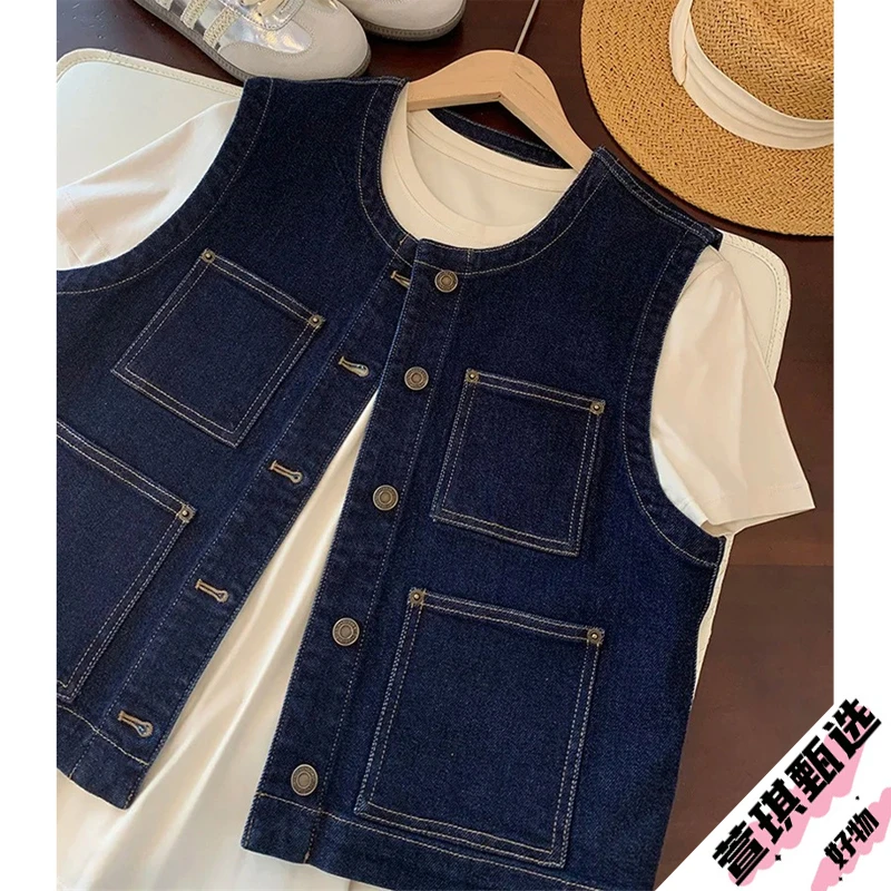 复古牛仔马甲新款显瘦上衣女叠穿百搭外穿无袖女装背心外套
