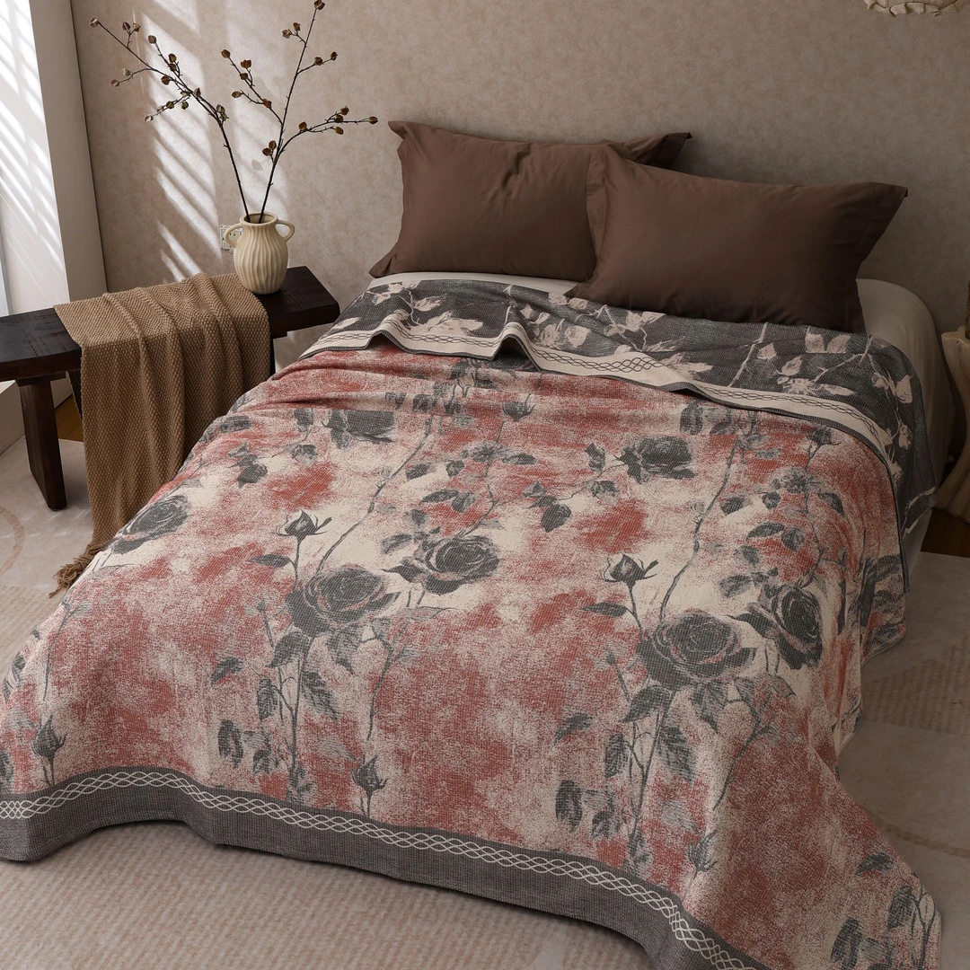 【浪漫玫瑰】2.3*2.5M高端古朴雅致学柔软机洗长绒棉雨露麻四季床盖