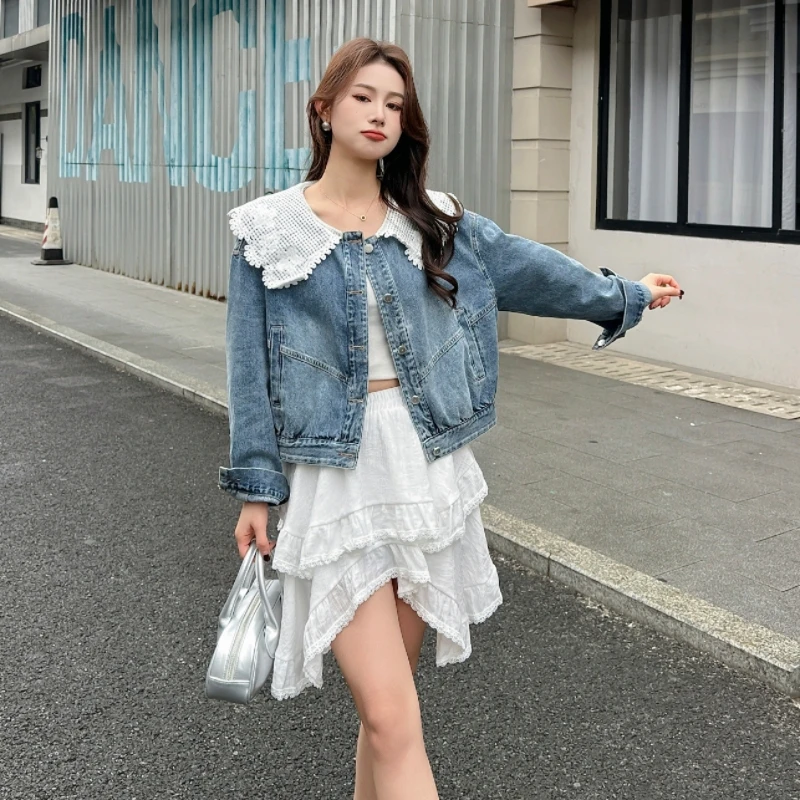 2025春季新款韩版蕾丝拼接娃娃领短款牛仔外套女减龄洋气百搭夹克