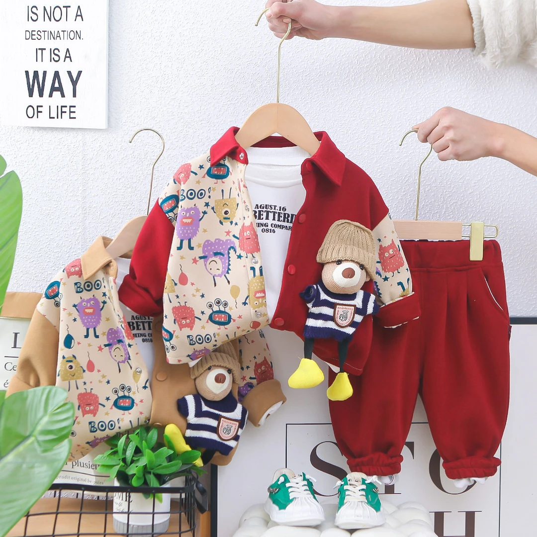 【沫沫家】男女童春秋季套装2025新款时髦宝宝拼块立体小熊三件套