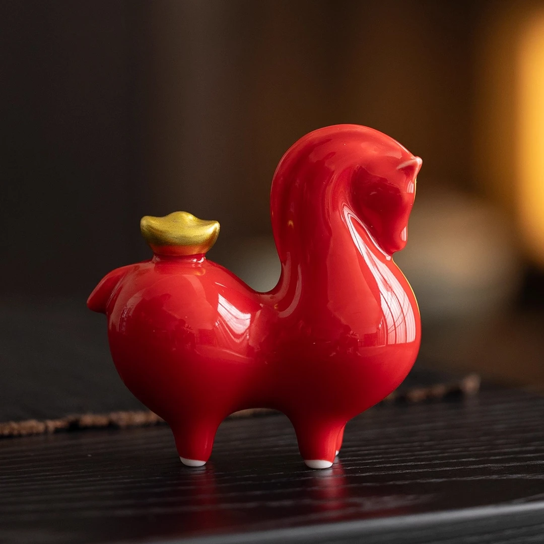 故宫红色小唐马茶宠摆件精品茶道配件桌面摆设马上有钱家居装饰品