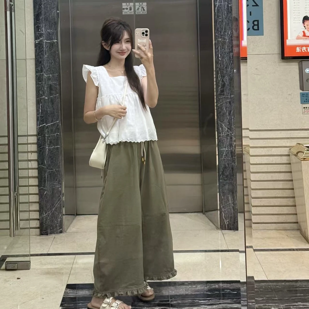 毛小兔军绿高腰木耳花边阔腿裤女夏季新款遮肉显瘦百搭九分裤
