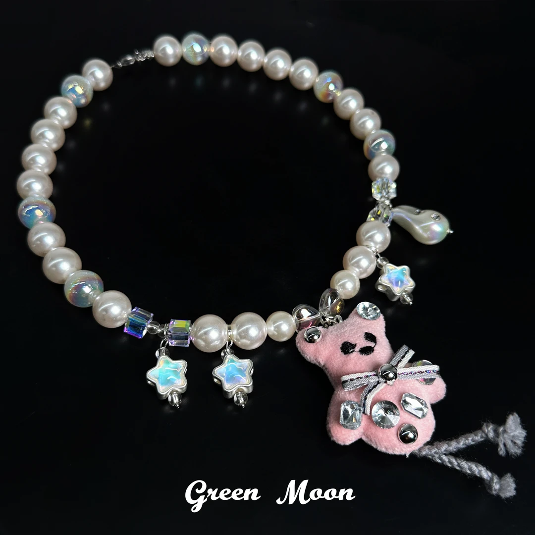 非金属仿珍珠项链 【盛满信签】甜酷可爱粉色小熊项链原创辣妹A389