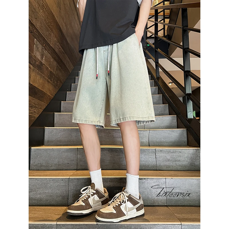 松紧腰牛仔短裤男夏季薄款外穿宽松五分裤子潮牌ins港风情侣中裤