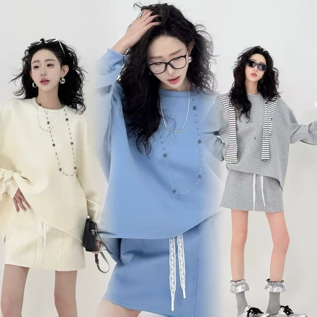 2025多巴胺宽松休闲百搭纯色套头卫衣春季高腰设计感A字半裙套装
