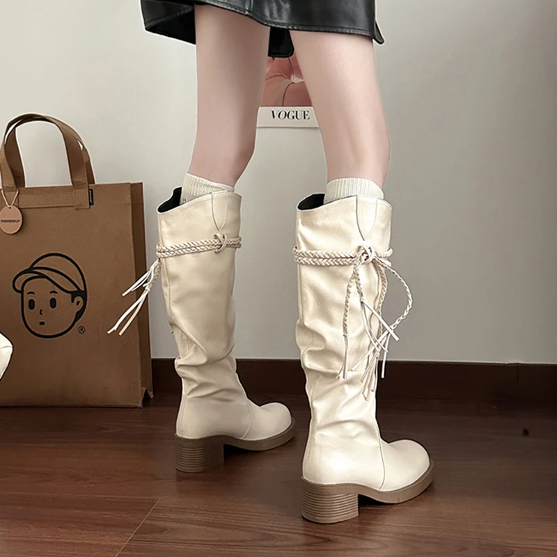 OJRZ复古废土风流苏骑士靴女2025秋冬新款粗跟不过膝堆堆长筒靴女