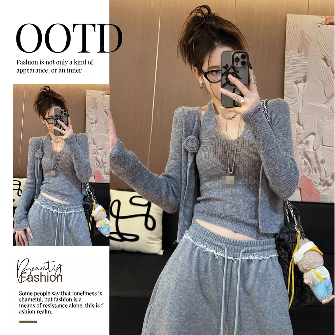 2025年早秋新款女装小香风针织套装女韩系毛衣开衫外套吊带两件套