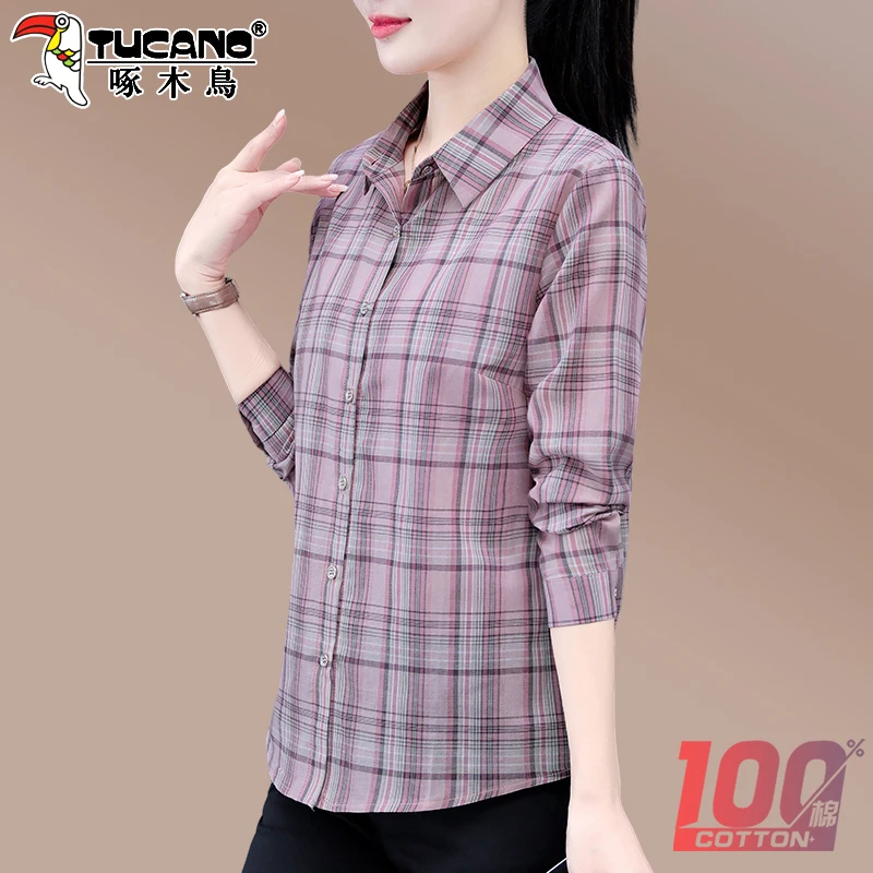 啄木鸟格子衬衫女新款春秋显瘦棉衬衣女士妈妈春装长袖上衣