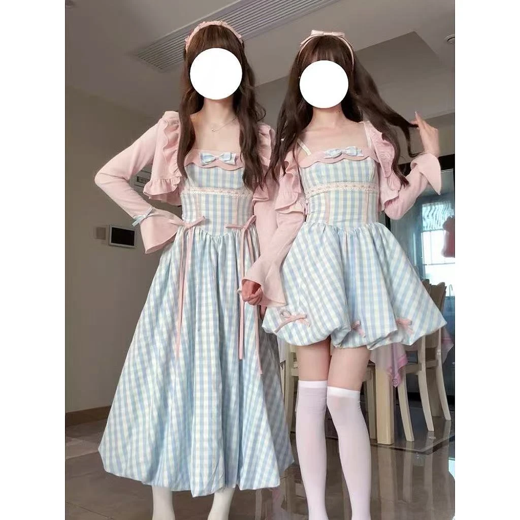 甜美减龄穿搭温柔蝴蝶结花苞连衣裙女夏收腰粉色格子吊带裙配开衫