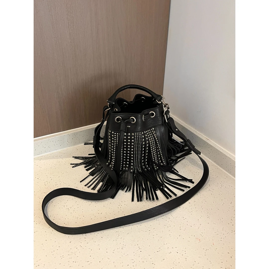 95新 YSL/圣罗兰 黑银l流苏手提单肩斜挎包