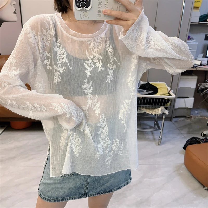 清HMY 30513高级感雕花微透长袖T恤女蕾丝衫叠穿打底衫防晒衣上衣