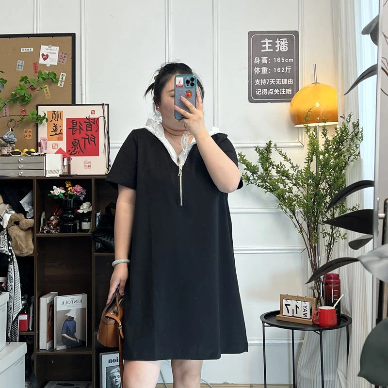 YZJ【蕾丝织梦】胖妹妹夏季蕾丝连帽大版显瘦纯色气质减龄连衣裙女