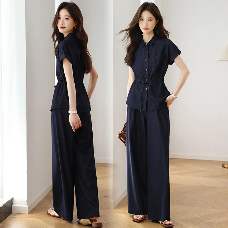 时尚牛仔套装女2025夏季牛仔短袖阔腿裤两件套气质高级感收腰显瘦