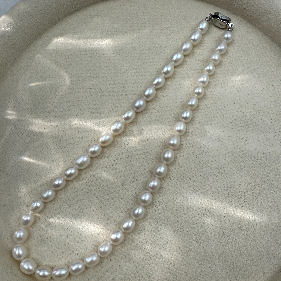 天然淡水珍珠素圈7-8mm米型珍珠项链高品质淡水珍珠