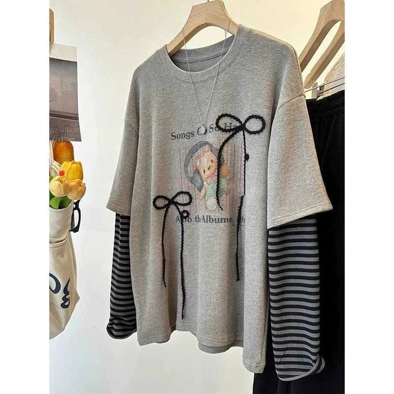 假两件大码300斤卡通小熊印花t恤男女条纹宽松百搭拼接情侣上衣潮