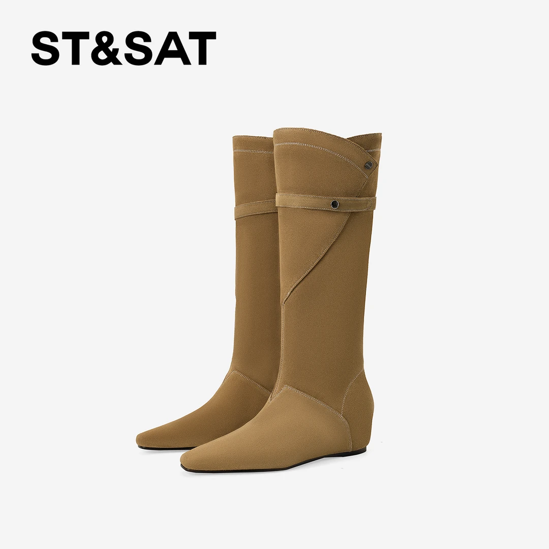 St&Sat/星期六2025新款百搭舒适冬季高筒靴时尚方头中跟时装靴