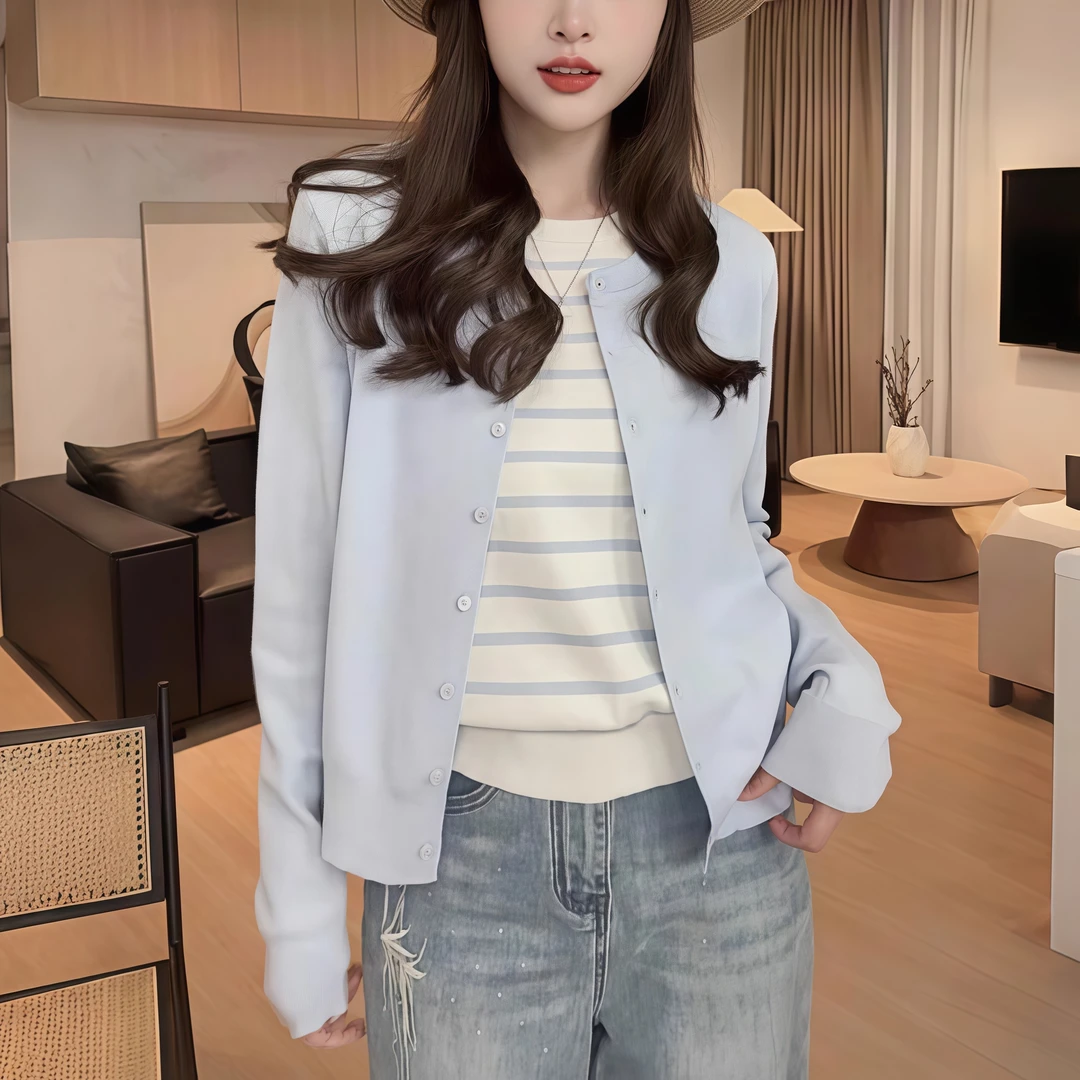 春季新款条纹假两件毛衣针织开衫女独特设计感韩版洋气显瘦上衣