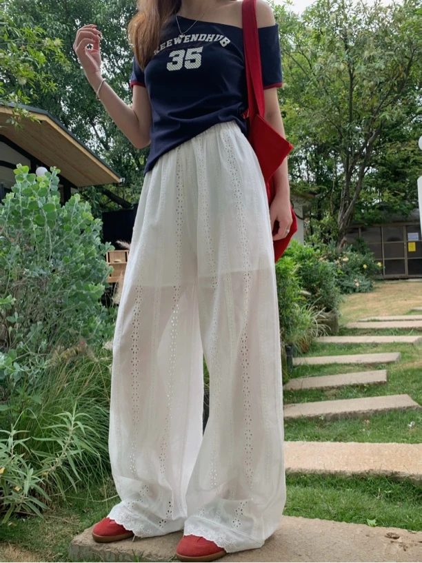 MEET 福秒（9MER99253#)浪漫温柔 镂空钩花阔腿休闲裤9-613