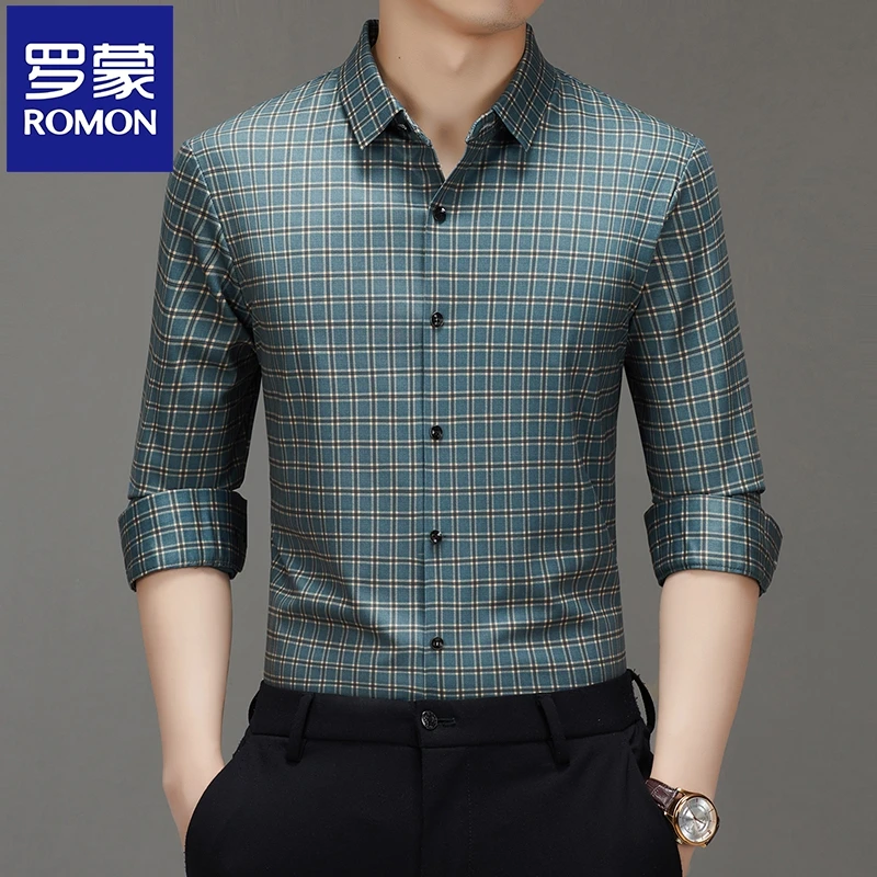 罗蒙2025新款小格子衬衫男装免烫中青年男士时尚高级感无痕衬衣